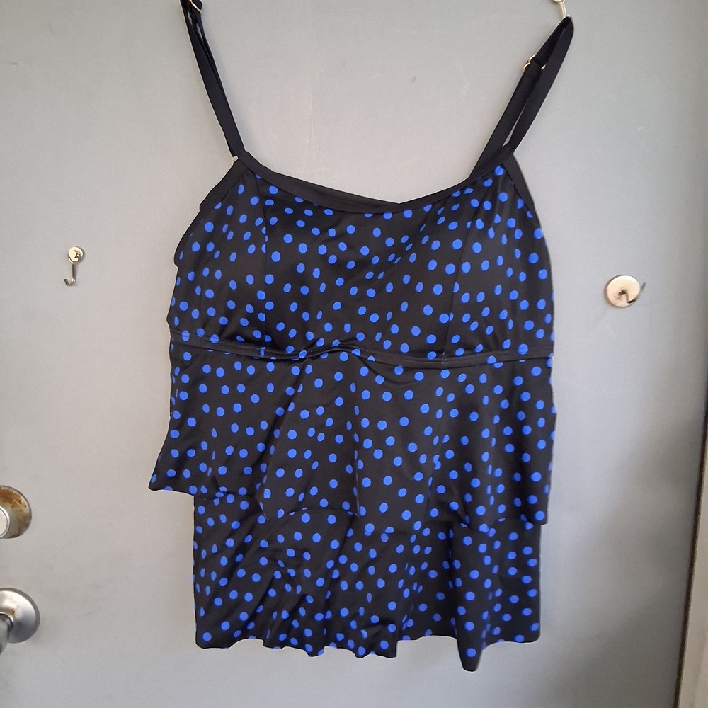 Swimsuits For All Women's 18 Black Blue Polka‎ Dots Swim Tankini Top EUC